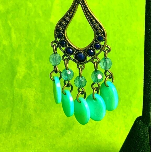 Ornate Bronze Victorian Rhinestone Chandelier Earrings, Unmarked - Picture 2 of 3